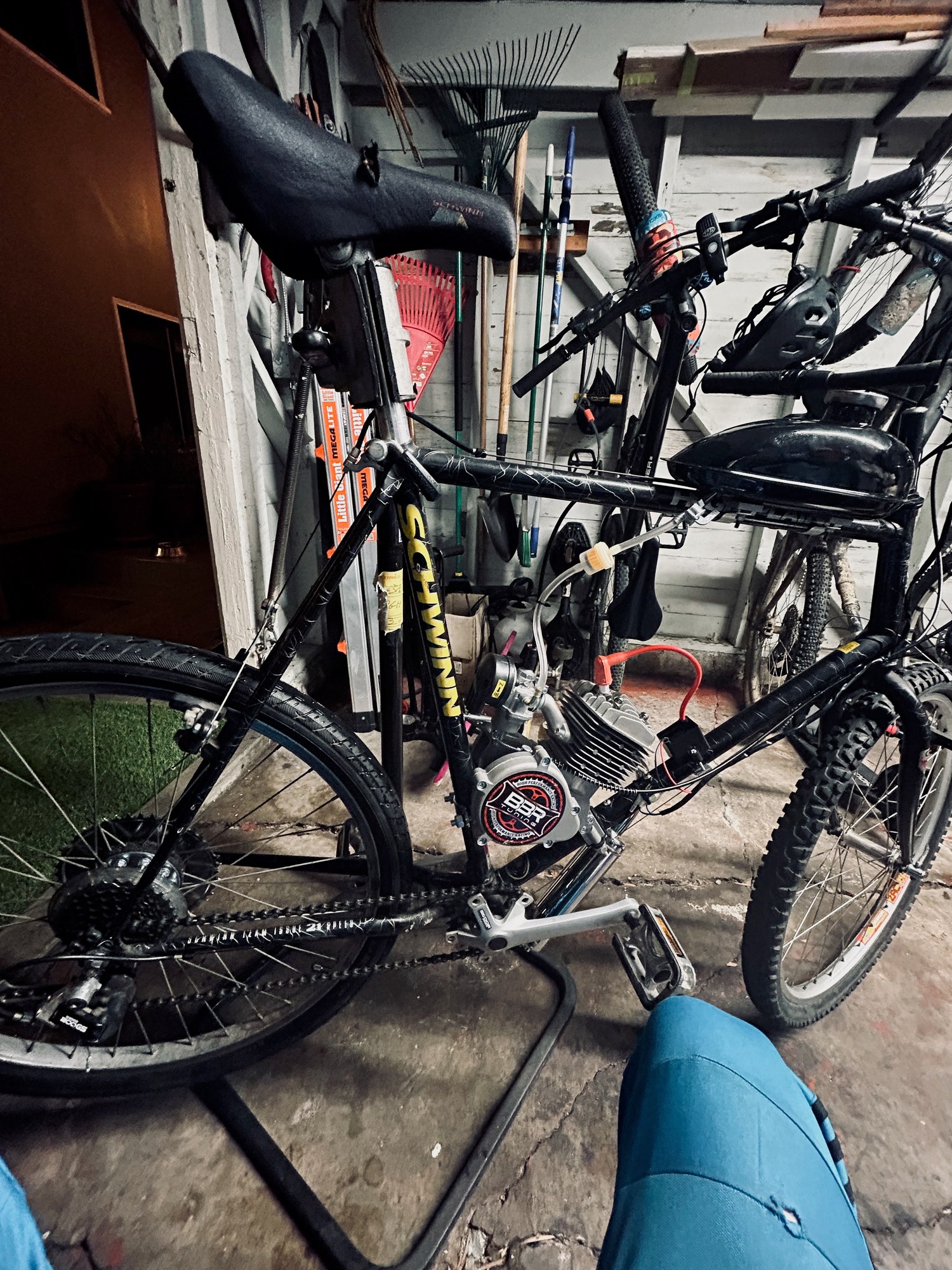 A motorized bicycle in our garage