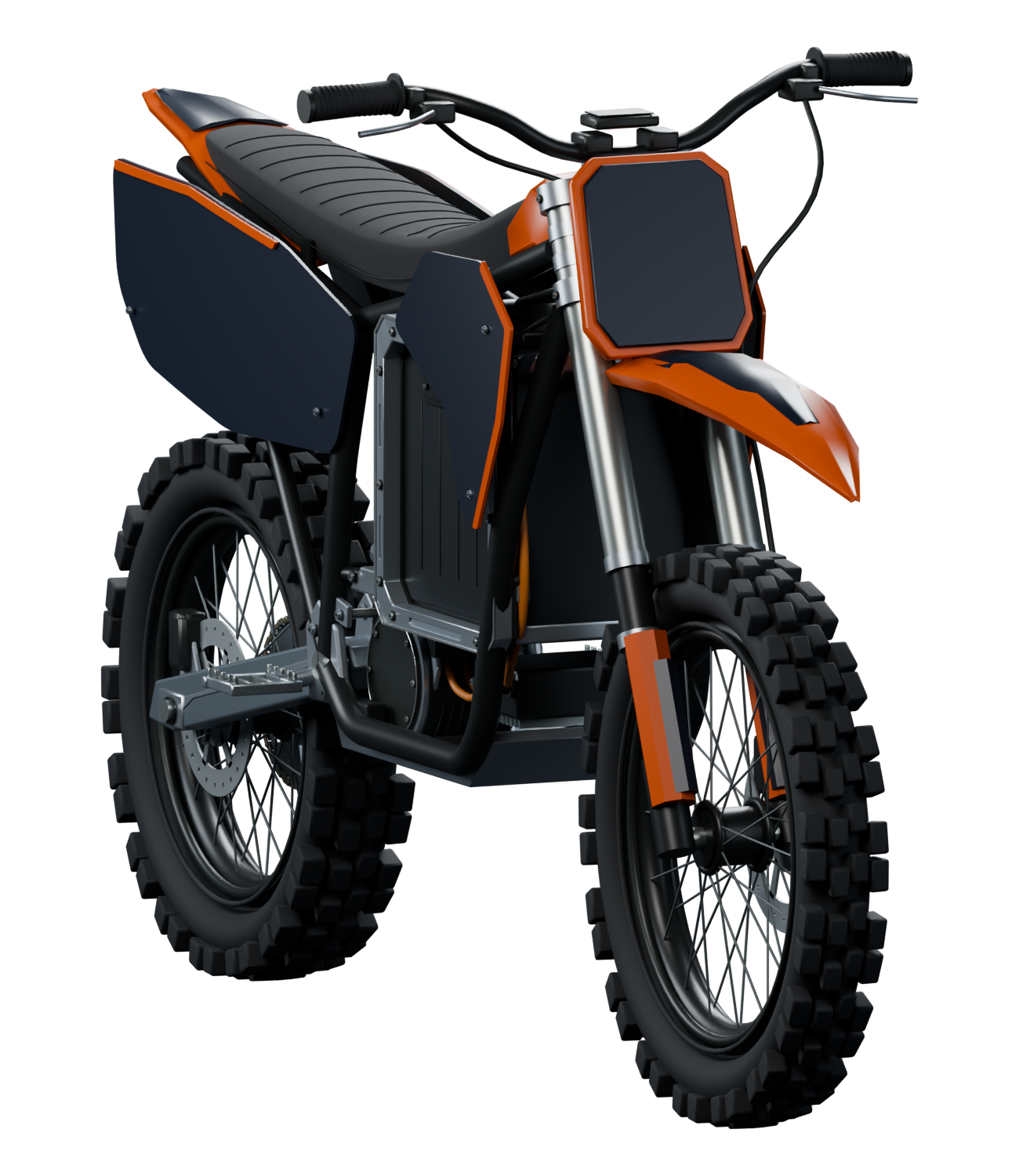 CU Electric Motorcycle concept bike with orange and navy bodywork, a CNC aluminum battery surround and knobby tires